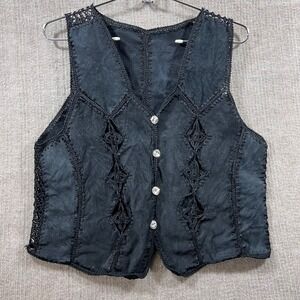 Womens Black Lace Trimmed V Neck Button Up Vest Unique Boho Style